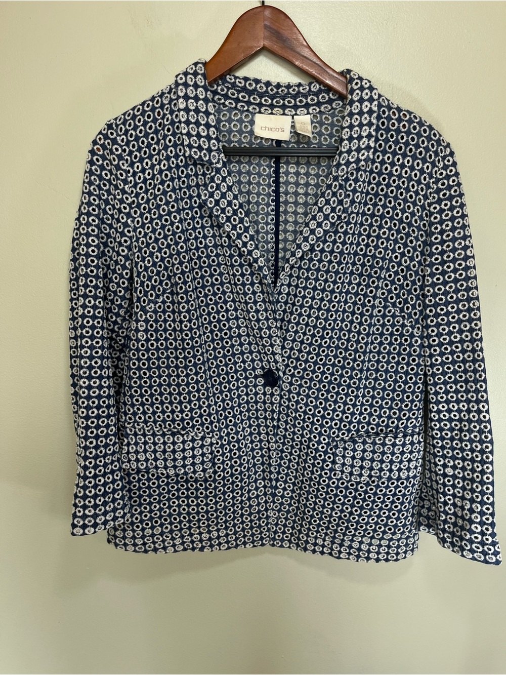 Chico's Navy and White Patterned Single-Button Blazer Classic corporate preppy